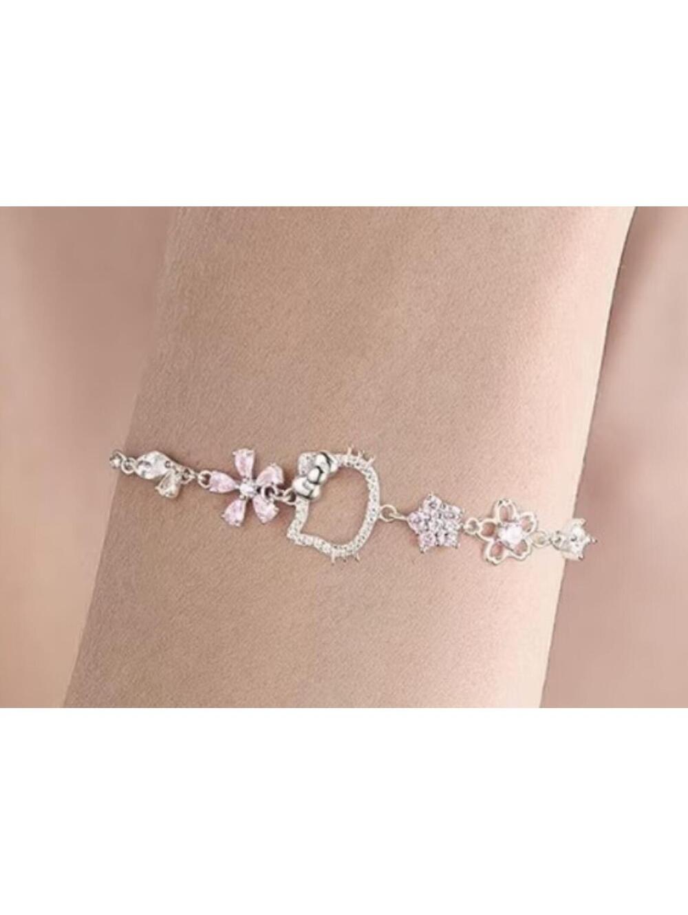 Hello Kitty Delicate Silver and Pink Crystal Flower Bracelet